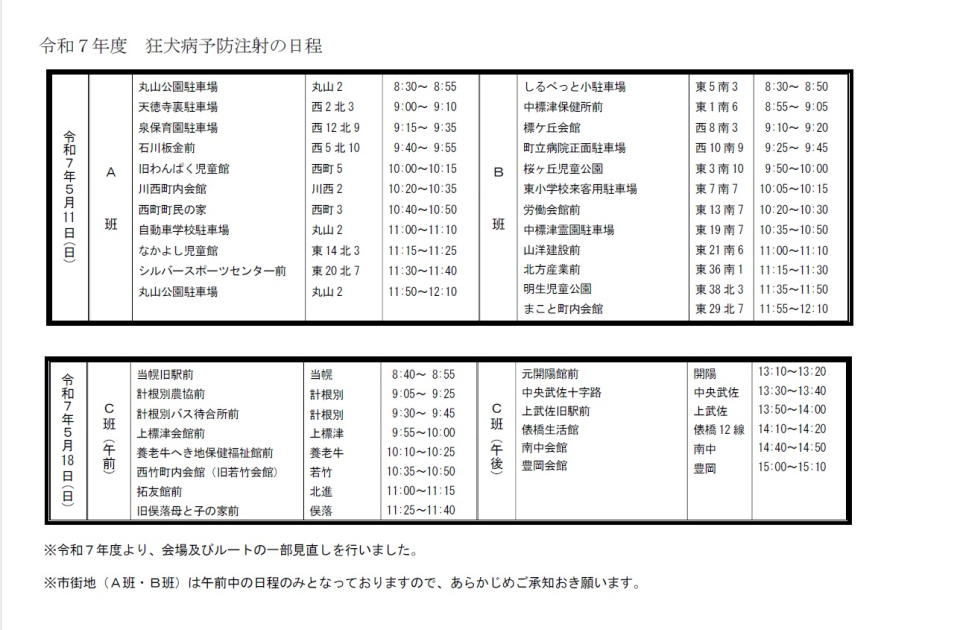 令和7年度　狂犬病予防注射の日程